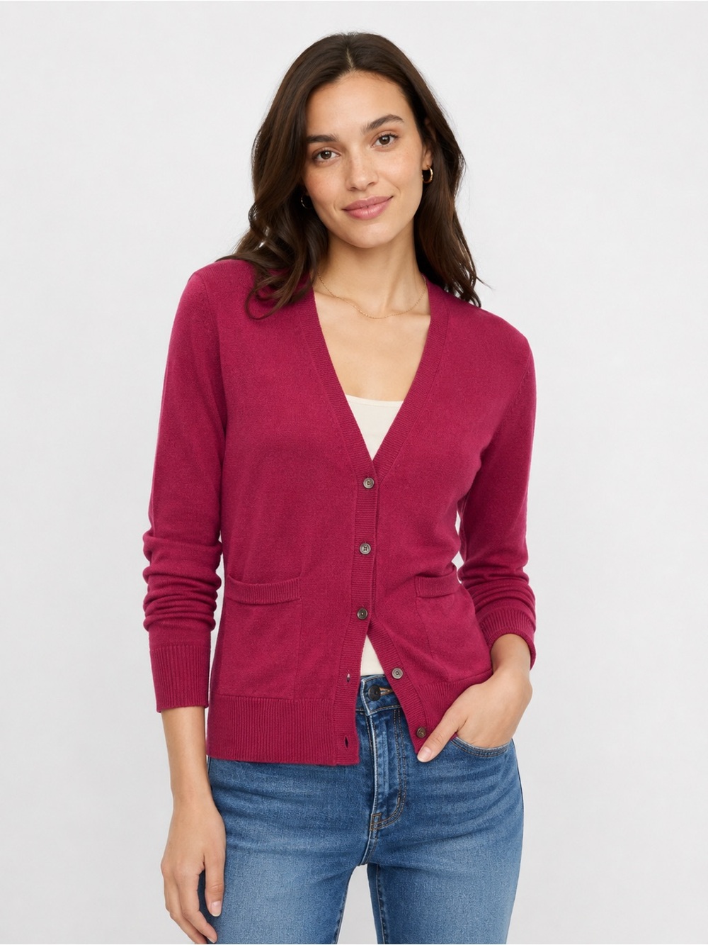 GAP Petite 100% Merino Extra Fine Wool V-Neck Cardigan XS Berry